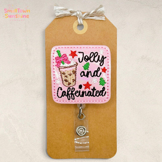 Jolly & Caffeinated Retractable Badge Reel: Christmas ID Holder, Name Tag, Topper, Coworker Gift, Lanyard, MRI Safe, Heavy Duty Clip