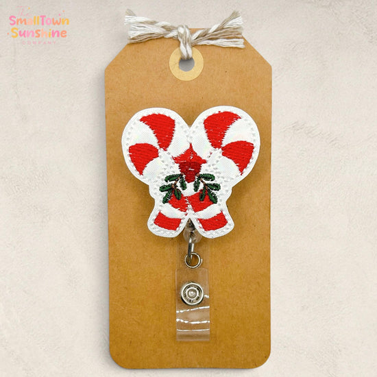 Candy Canes with Holly Retractable Badge Reel: Christmas ID Holder, Name Tag, Topper, Coworker Gift, Lanyard, MRI Safe, Heavy Duty Clip