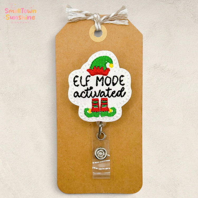 Elf Mode Activated Retractable Badge Reel: Christmas ID Holder, Name Tag, Topper, Coworker Gift, Lanyard, MRI Safe, Heavy Duty | GLITTER