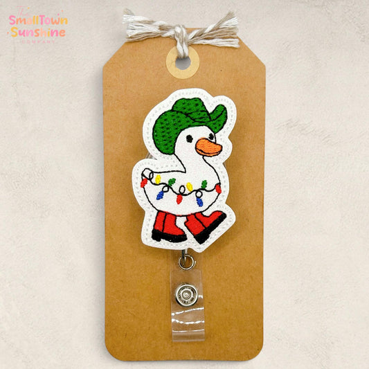 Western Christmas Goose Retractable Badge Reel: ID Holder, Name Tag, Topper, Coworker Gift, Lanyard, MRI Safe, Heavy Duty Clip | GLITTER