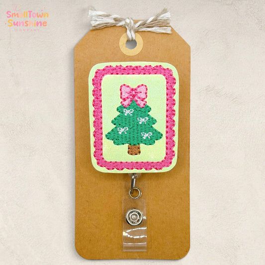 Christmas Tree Stamp Retractable Badge Reel: Holiday ID Holder, Name Tag, Swappable Topper, Coworker Gift, Lanyard, MRI Safe, Heavy Duty