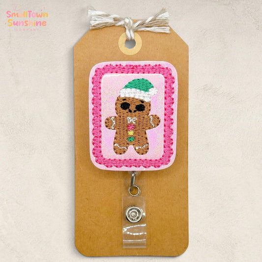 Gingerbread Stamp Retractable Badge Reel: Holiday ID Holder, Name Tag, Swappable Topper, Coworker Gift, Lanyard, MRI Safe, Heavy Duty Clip