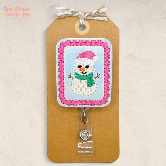 Snowman Stamp Retractable Badge Reel: Holiday ID Holder, Name Tag, Swappable Topper, Coworker Gift, Lanyard, MRI Safe, Heavy Duty Clip