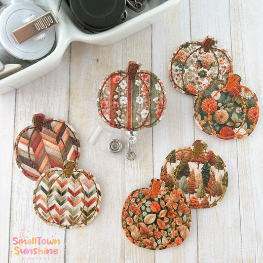 Autumn Pumpkin Retractable Badge Reel Collection: ID Holder, Swappable Topper, Coworker Gift, Name Tag, Lanyard, MRI Safe, Heavy-Duty Clip