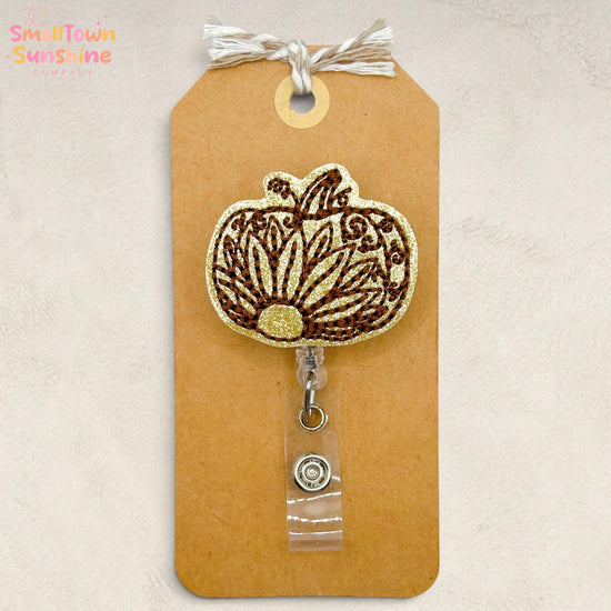 Gold Sunflower Pumpkin Retractable Badge Reel: Autumn ID Holder, Name Tag, Topper, Coworker Gift, Lanyard, MRI Safe, Heavy Duty | GLITTER