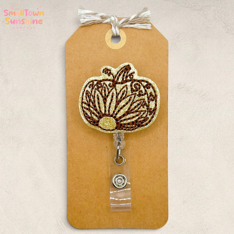 Gold Sunflower Pumpkin Retractable Badge Reel: Autumn ID Holder, Name Tag, Topper, Coworker Gift, Lanyard, MRI Safe, Heavy Duty | GLITTER