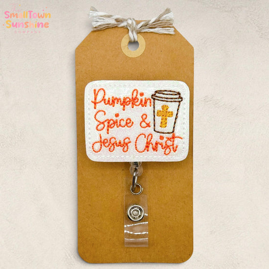 Pumpkin Spice & Jesus Christ Retractable Badge Reel: ID Holder, Name Tag, Topper, Coworker Gift, Lanyard, MRI Safe, Heavy Duty | GLITTER