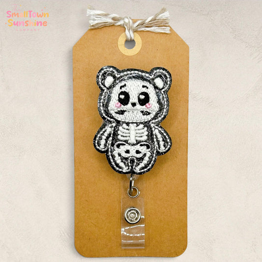 Skeleton Bear Retractable Badge Reel: Halloween ID Holder, Name Tag, Topper, Coworker Gift, Lanyard, MRI Safe, Heavy Duty Clip | GLITTER