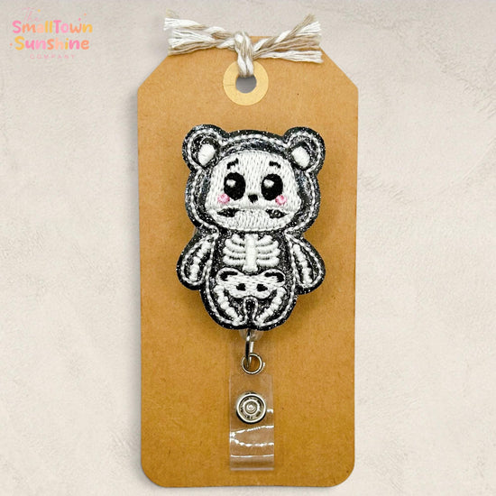 Skeleton Bear Retractable Badge Reel: Halloween ID Holder, Name Tag, Topper, Coworker Gift, Lanyard, MRI Safe, Heavy Duty Clip | GLITTER