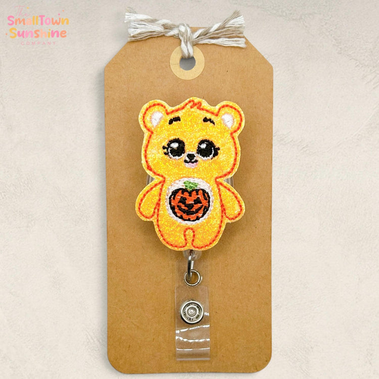 Pumpkin Bear Retractable Badge Reel: Halloween ID Holder, Name Tag, Topper, Coworker Gift, Lanyard, MRI Safe, Heavy Duty Clip | GLITTER