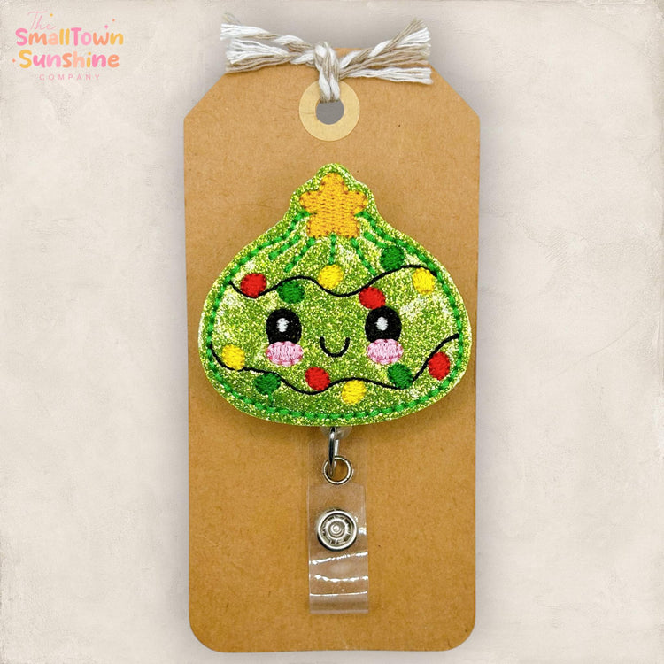 Christmas Tree Dumpling Retractable Badge Reel: Holiday ID Holder, Name Tag, Topper, Coworker Gift, Lanyard, MRI Safe, Heavy Duty | GLITTER