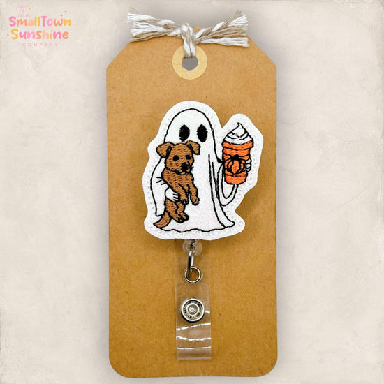 Pumpkin Spice Ghost Retractable Badge Reel: Halloween ID Holder, Name Tag, Topper, Coworker Gift, Lanyard, MRI Safe, Heavy Duty | GLITTER