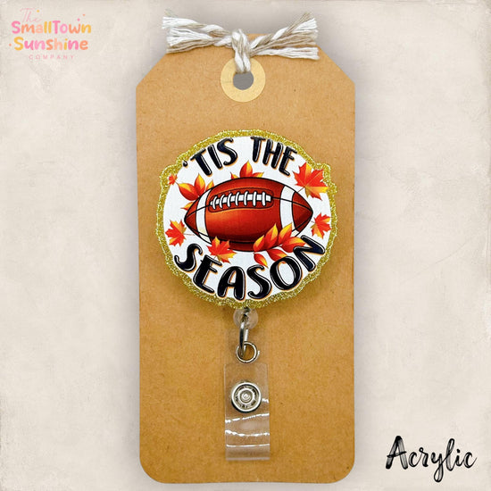 Tis the Season Retractable Badge Reel: Football Id Holder, Name Tag, Topper, Coworker Gift, Lanyard, MRI Safe, Heavy Duty | GLITTER ACRYLIC
