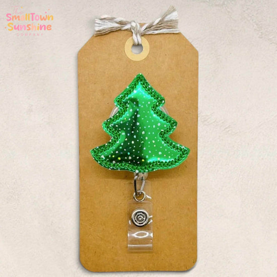 Green Shimmer Tree Retractable Badge Reel: Christmas ID Holder, Name Tag, Swappable Topper, Coworker Gift, Lanyard, MRI Safe, Heavy Duty