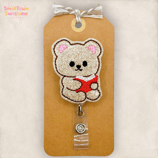 Teddy Bear with Book Retractable Badge Reel: Animal ID Holder, Name Tag, Topper, Coworker Gift, Lanyard, MRI Safe, Heavy Duty | GLITTER