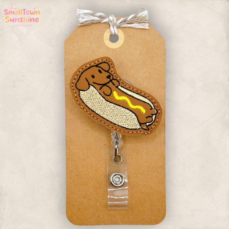 Hot Dog Dachshund Retractable Badge Reel: Animal ID Holder, Name Tag, Swappable Topper, Coworker Gift, Lanyard, MRI Safe, Heavy Duty Clip