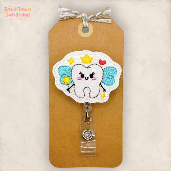 Tooth Fairy Retractable Badge Reel: Dental Hygienist ID Holder, Name Tag, Topper, Coworker Gift, Lanyard, MRI Safe, Heavy Duty | GLITTER