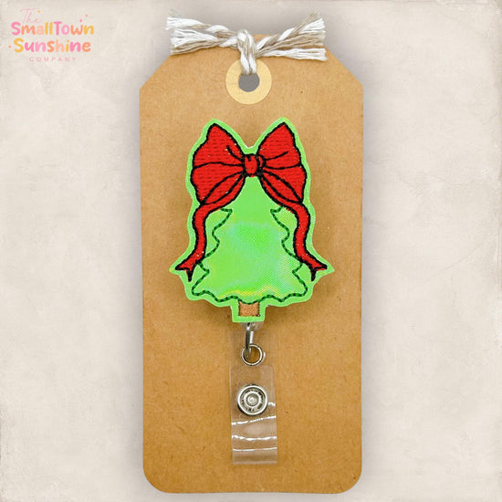 Red Bow Tree Retractable Badge Reel: Christmas ID Holder, Name Tag, Swappable Topper, Coworker Gift, Lanyard, MRI Safe, Heavy Duty Clip