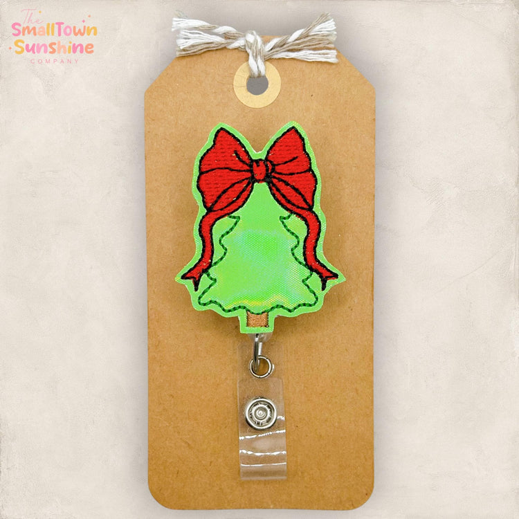 Red Bow Tree Retractable Badge Reel: Christmas ID Holder, Name Tag, Swappable Topper, Coworker Gift, Lanyard, MRI Safe, Heavy Duty Clip