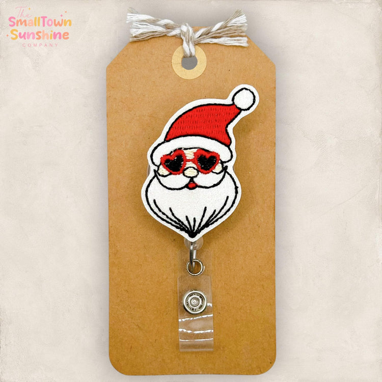 Red Retro Santa Retractable Badge Reel: Christmas ID Holder, Name Tag, Topper, Coworker Gift, Lanyard, MRI Safe, Heavy Duty Clip | GLITTER