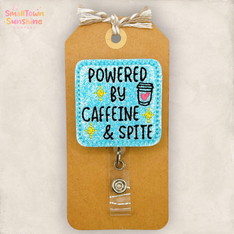 Powered by Caffeine & Spite Retractable Badge Reel: ID Holder, Name Tag, Topper, Coworker Gift, Lanyard, MRI Safe, Heavy Duty Clip | GLITTER