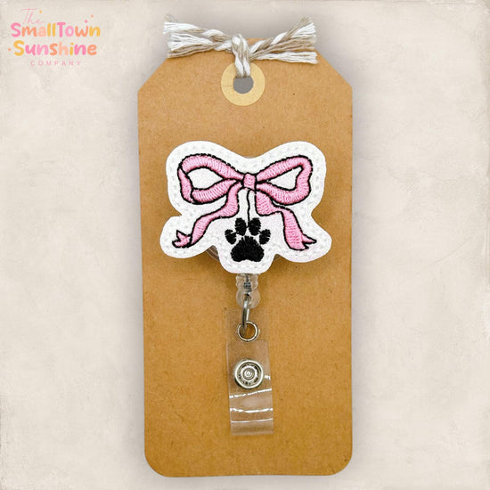 Pink Paw Print Bow Retractable Badge Reel: ID Holder, Name Tag, Swappable Topper, Coworker Gift, Lanyard, MRI Safe, Heavy Duty | GLITTER