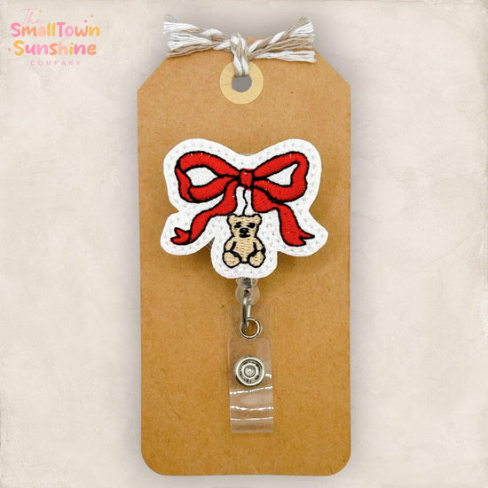 Red Teddy Bear Bow Retractable Badge Reel: ID Holder, Name Tag, Swappable Topper, Coworker Gift, Lanyard, MRI Safe, Heavy Duty | GLITTER