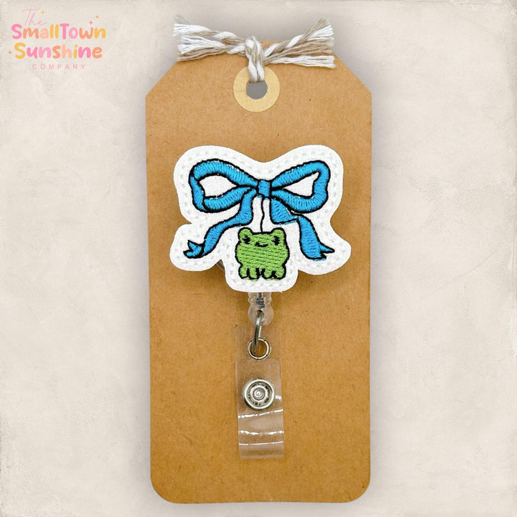 Blue Frog Bow Retractable Badge Reel: ID Holder, Name Tag, Swappable Topper, Coworker Gift, Lanyard, MRI Safe, Heavy Duty | GLITTER