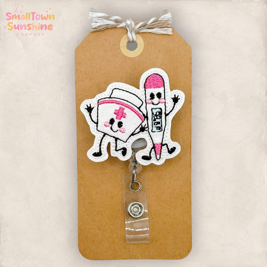 Nurse Cap & Thermometer Doodle Retractable Badge Reel: ID Holder, Name Tag, Topper, Coworker Gift, Lanyard, MRI Safe, Heavy Duty | GLITTER