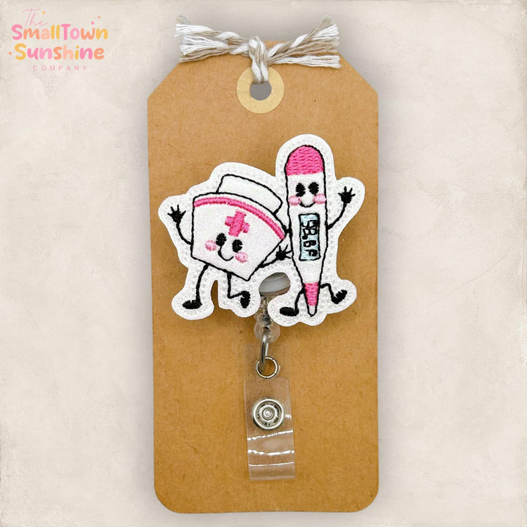 Nurse Cap & Thermometer Doodle Retractable Badge Reel: ID Holder, Name Tag, Topper, Coworker Gift, Lanyard, MRI Safe, Heavy Duty | GLITTER