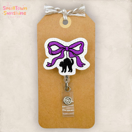Purple Black Cat Bow Retractable Badge Reel: ID Holder, Name Tag, Swappable Topper, Coworker Gift, Lanyard, MRI Safe, Heavy Duty | GLITTER