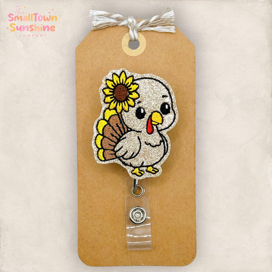 Sunflower Turkey Retractable Badge Reel: Thanksgiving ID Holder, Name Tag, Topper, Coworker Gift, Lanyard, MRI Safe, Heavy Duty | GLITTER