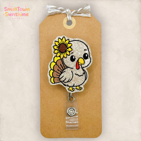 Sunflower Turkey Retractable Badge Reel: Thanksgiving ID Holder, Name Tag, Topper, Coworker Gift, Lanyard, MRI Safe, Heavy Duty | GLITTER