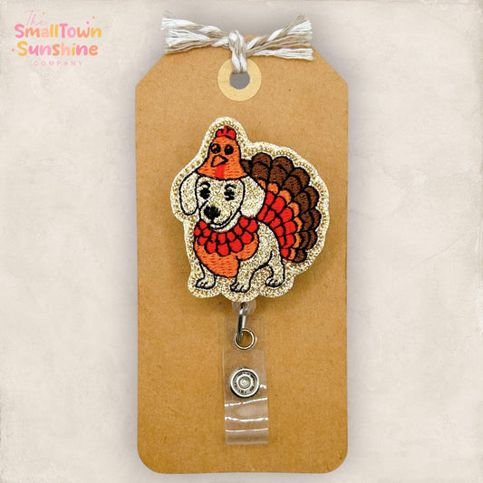 Turkey Dog Retractable Badge Reel: Thanksgiving ID Holder, Name Tag, Topper, Coworker Gift, Lanyard, MRI Safe, Heavy Duty Clip | GLITTER