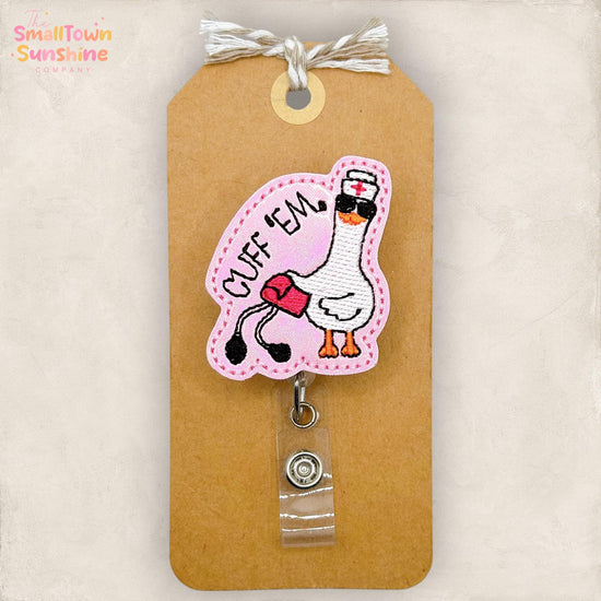 Cuff Em Retractable Badge Reel: Silly Nurse Goose ID Holder, Name Tag, Swappable Topper, Coworker Gift, Lanyard, MRI Safe, Heavy Duty Clip