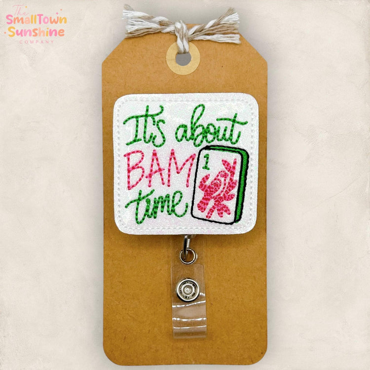 It’s About Bam Time Retractable Badge Reel: Mahjong ID Holder, Name Tag, Topper, Coworker Gift, Lanyard, MRI Safe, Heavy Duty Clip | GLITTER