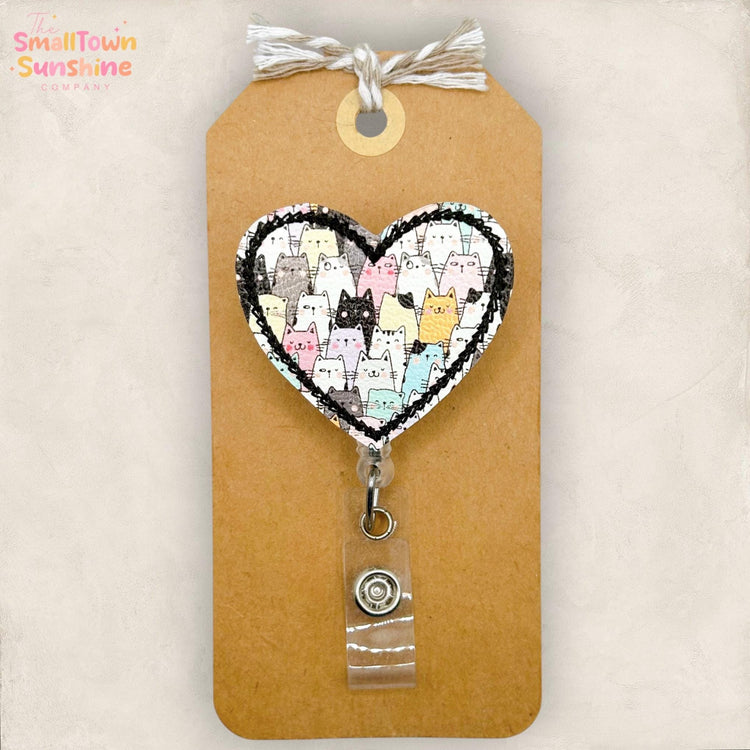 Cute Cats Heart Retractable Badge Reel: Animal ID Holder, Name Tag, Swappable Topper, Coworker Gift, Lanyard, MRI Safe, Heavy Duty Clip