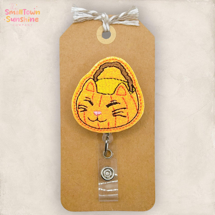 Trick or Treat Cat Bucket Retractable Badge Reel: ID Holder, Name Tag, Topper, Coworker Gift, Lanyard, MRI Safe, Heavy Duty Clip | GLITTER