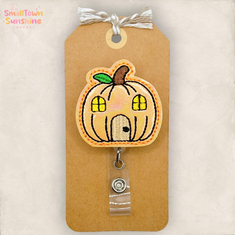 Pumpkin House Retractable Badge Reel: Halloween ID Holder, Name Tag, Swappable Topper, Coworker Gift, Lanyard, MRI Safe, Heavy Duty Clip