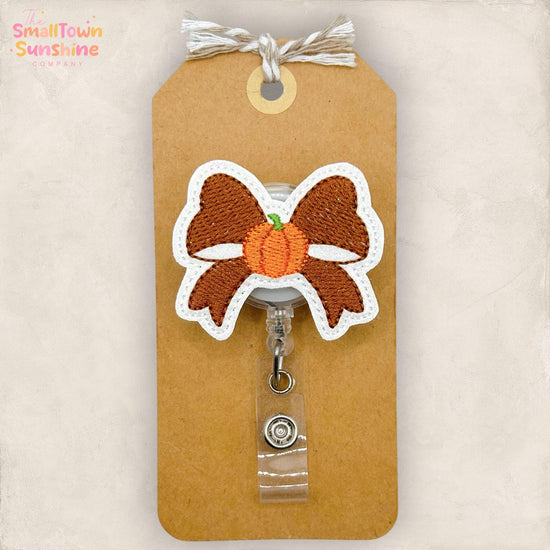 Fall Pumpkin Bow Retractable Badge Reel: ID Holder, Name Tag, Swappable Topper, Coworker Gift, Lanyard, MRI Safe, Heavy Duty Clip | GLITTER
