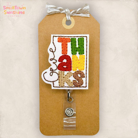 Give Thanks Retractable Badge Reel: Thanksgiving ID Holder, Name Tag, Topper, Coworker Gift, Lanyard, MRI Safe, Heavy Duty Clip | GLITTER