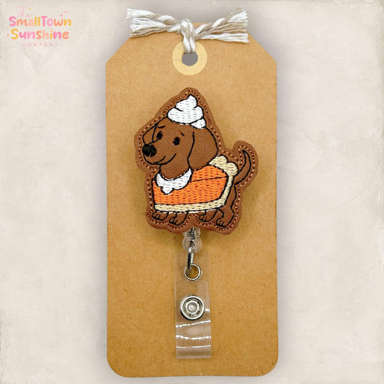 Pumpkin Pie Dachshund Retractable Badge Reel: Fall ID Holder, Name Tag, Swappable Topper, Coworker Gift, Lanyard, MRI Safe, Heavy Duty Clip