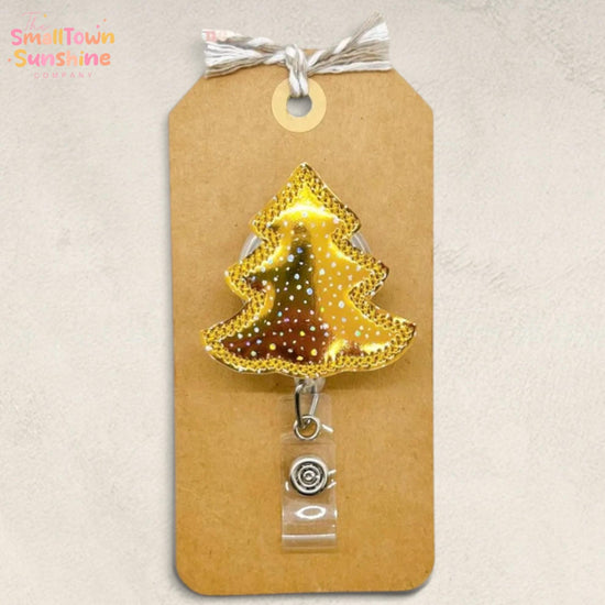 Gold Shimmer Tree Retractable Badge Reel: Christmas ID Holder, Name Tag, Swappable Topper, Coworker Gift, Lanyard, MRI Safe, Heavy Duty Clip