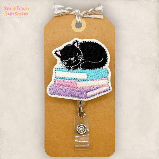 Sleeping Black Cat Retractable Badge Reel: Book Stack ID Holder, Name Tag, Topper, Coworker Gift, Lanyard, MRI Safe, Heavy Duty | GLITTER