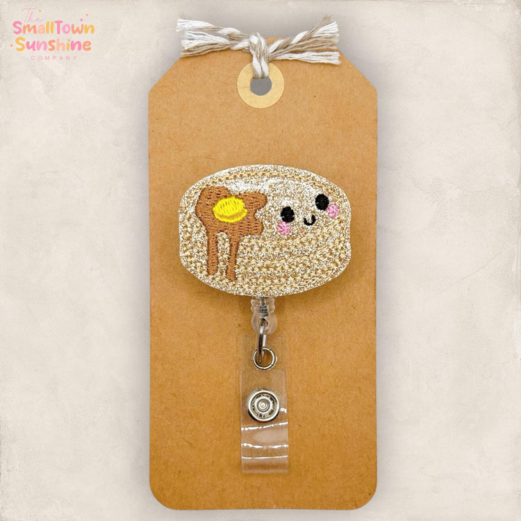 Pancake Stack Retractable Badge Reel: Breakfast ID Holder, Name Tag, Topper, Coworker Gift, Lanyard, MRI Safe, Heavy Duty | GLITTER