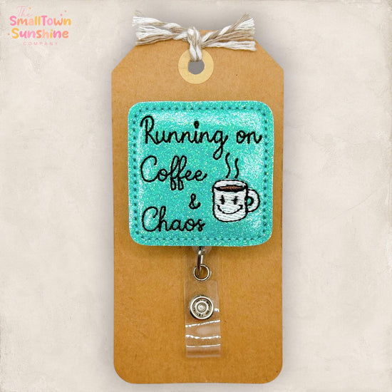 Running on Coffee & Chaos Retractable Badge Reel: ID Holder, Name Tag, Topper, Coworker Gift, Lanyard, MRI Safe, Heavy Duty Clip | GLITTER