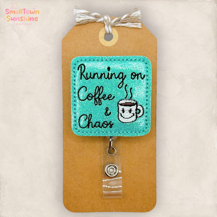 Running on Coffee & Chaos Retractable Badge Reel: ID Holder, Name Tag, Topper, Coworker Gift, Lanyard, MRI Safe, Heavy Duty Clip | GLITTER