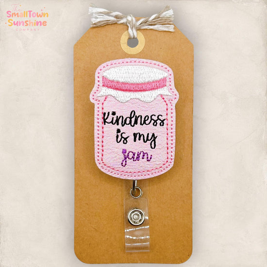 Kindness is My Jam Retractable Badge Reel: ID Holder, Name Tag, Swappable Topper, Coworker Gift, Lanyard, MRI Safe, Heavy Duty Clip