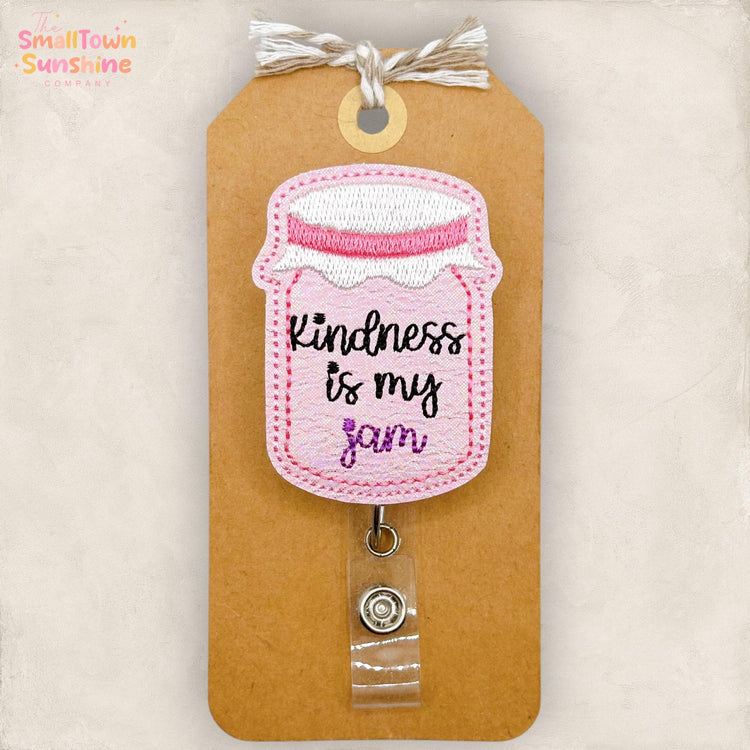 Kindness is My Jam Retractable Badge Reel: ID Holder, Name Tag, Swappable Topper, Coworker Gift, Lanyard, MRI Safe, Heavy Duty Clip
