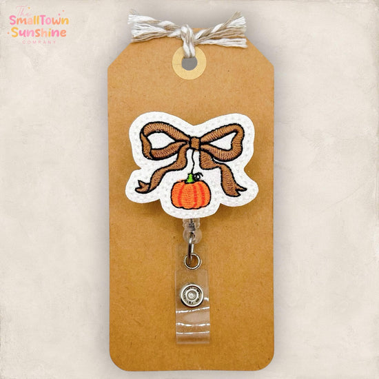 Pumpkin Bow Retractable Badge Reel: Autumn ID Holder, Name Tag, Swappable Topper, Coworker Gift, Lanyard, MRI Safe, Heavy Duty | GLITTER